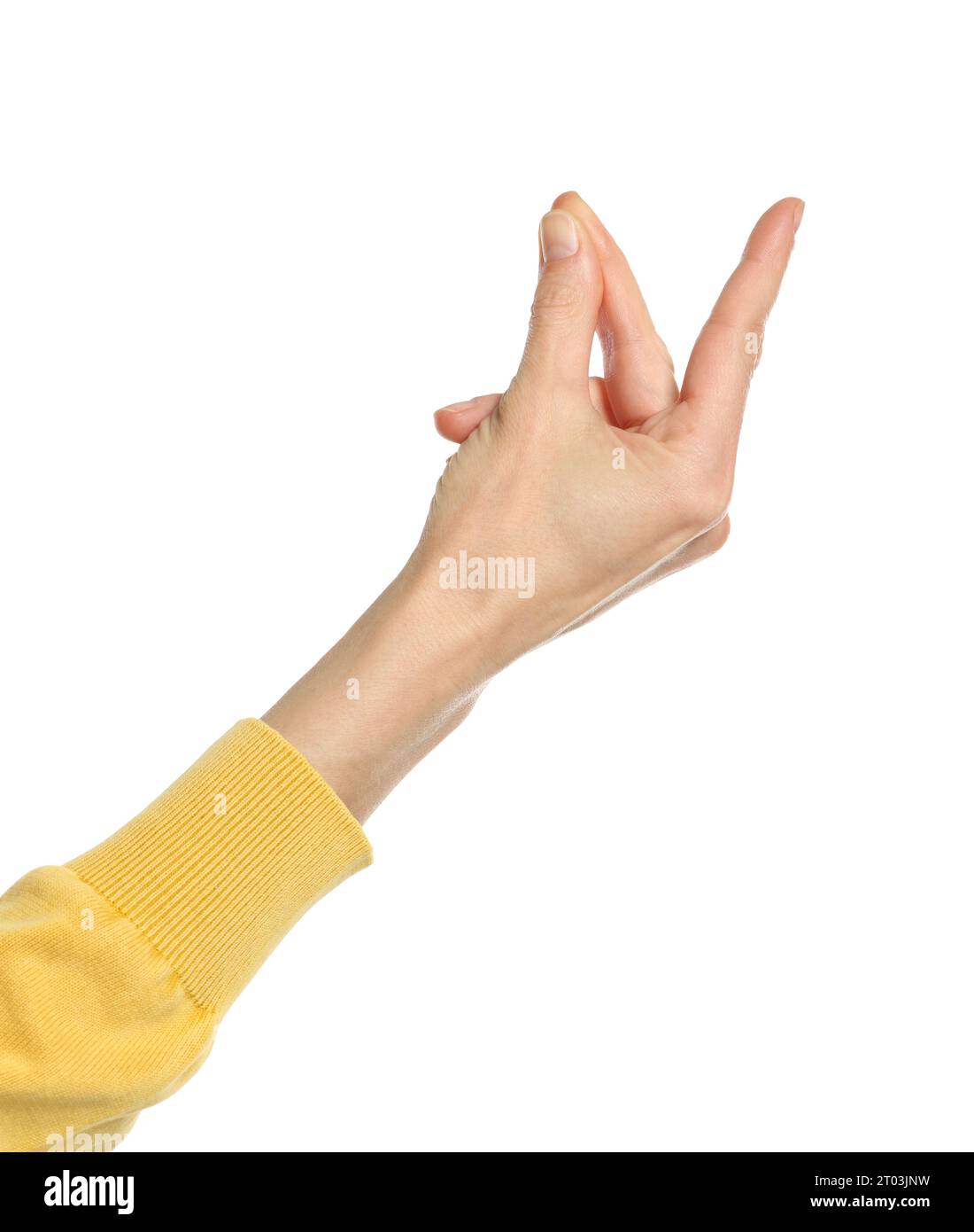Woman snapping her fingers on white background, closeup. Bad habit Stock Photo Alamy
