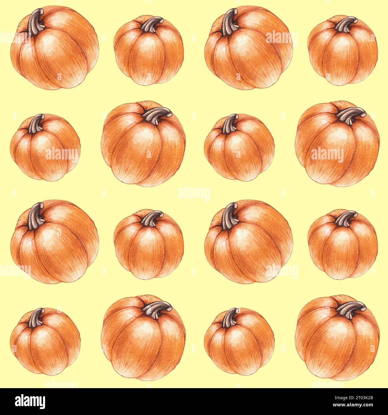 Watercolor pattern with pumpkins on a yellow background. Botanical pattern for textiles, fabrics, clothing and autumn products Stock Photo