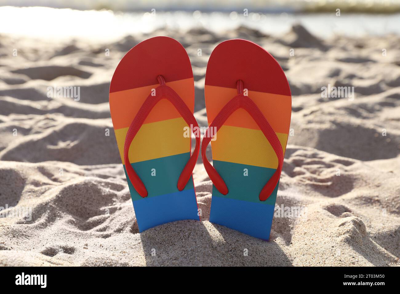 Stylish rainbow flip flops in sand on beach Stock Photo - Alamy