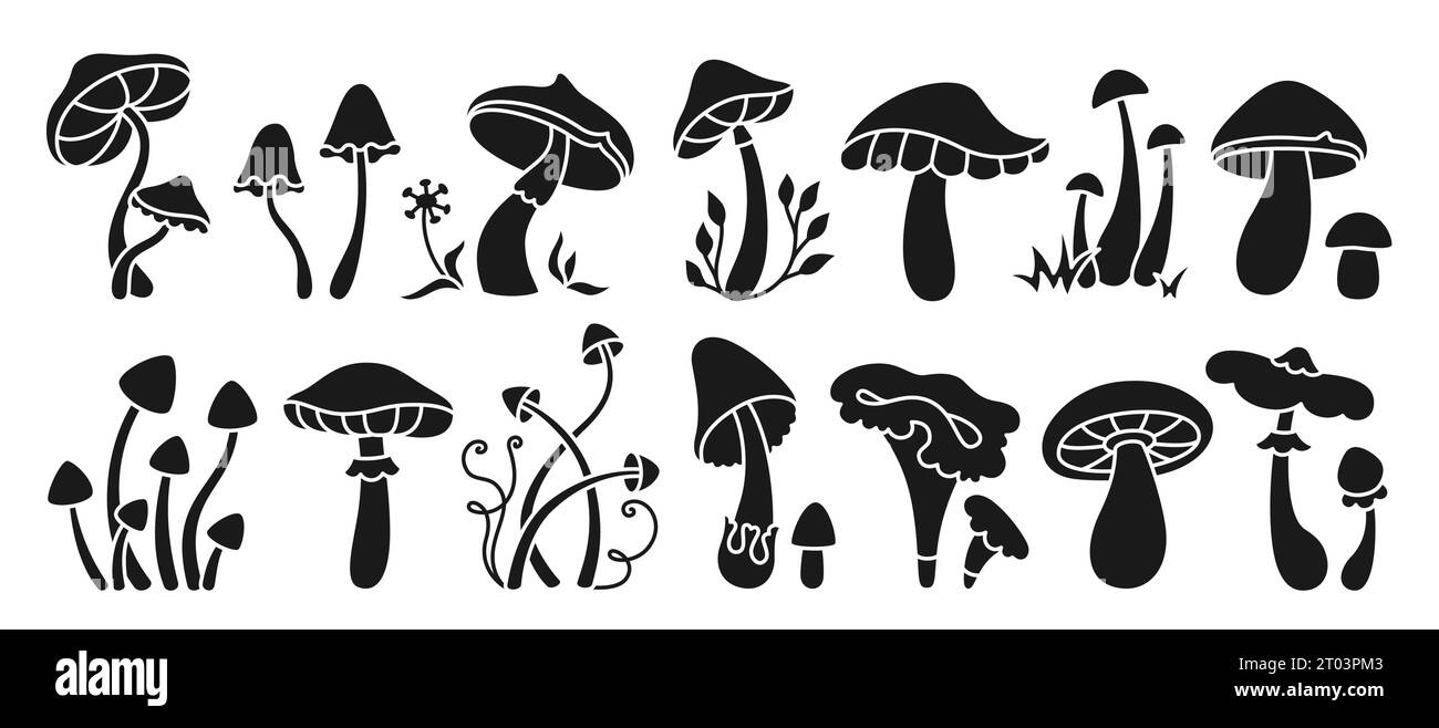 Mushrooms stylizes seal ink stamp set. Mystical boho magic poisonous