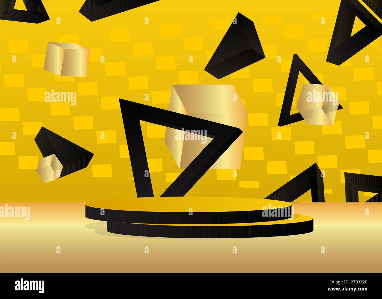 Black, yellow and gold mockup product display. Vector cylinder pedestal
