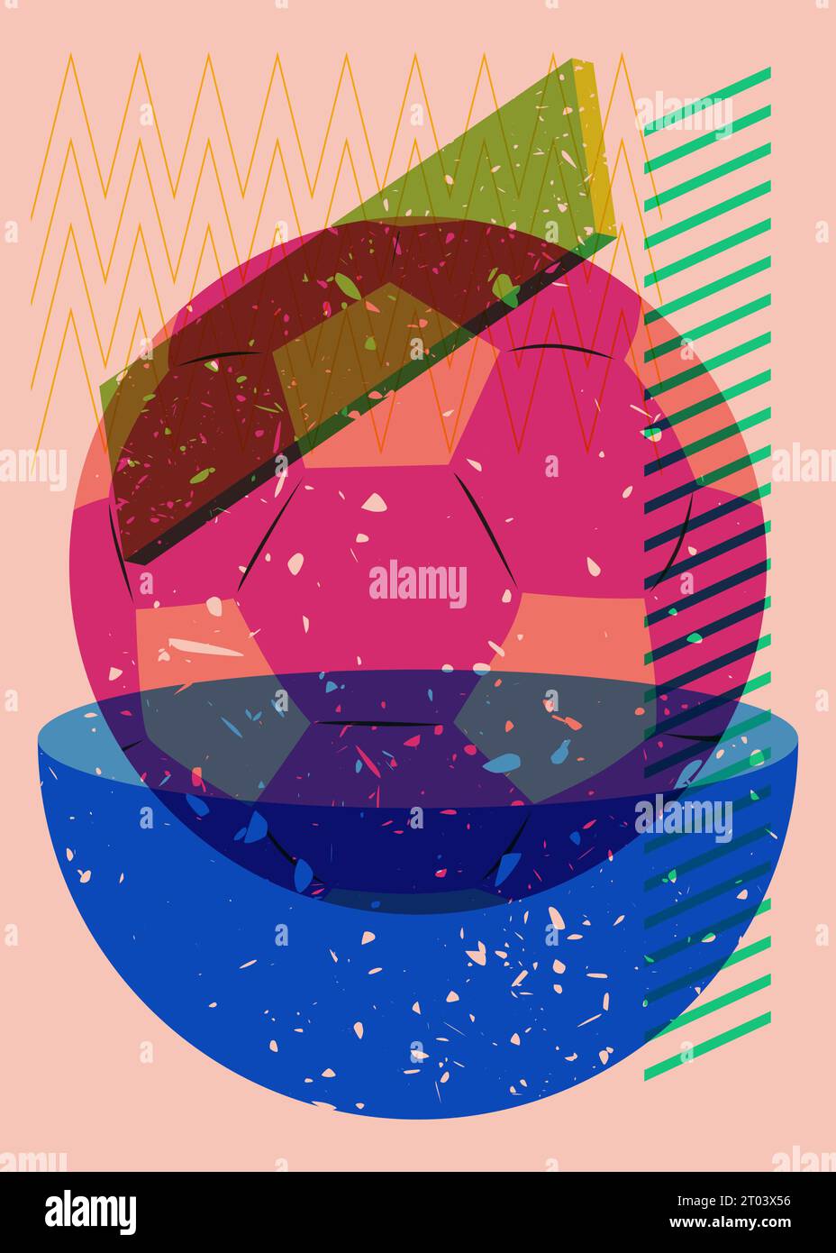 Risograph football ball with geometric shapes. Sport object in trendy riso graph design Stock