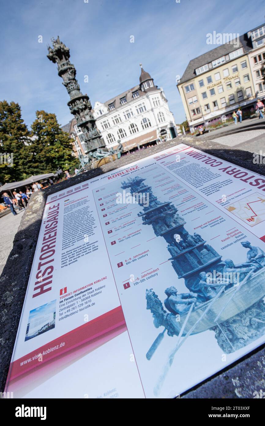 02.10.2023. Koblenz. Hauptattraktion auf dem Görresplatz ist die Historiensäule. Die Historiensäule ist ein Brunnen, welcher eindrucksvoll die bewegen Stock Photo