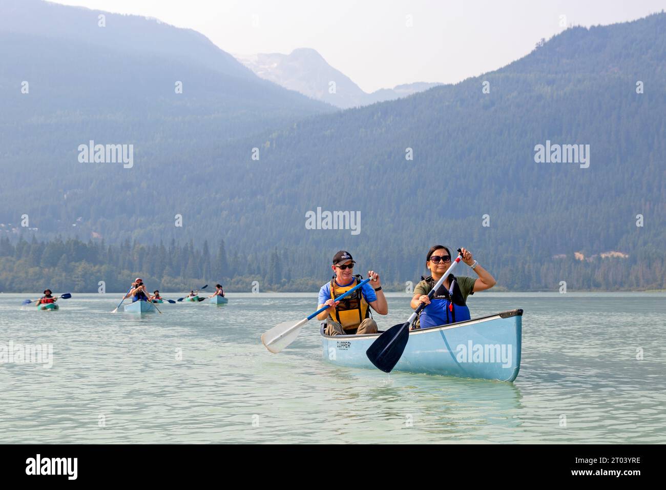 Canoeing on Green Lake, Whistler Stock Photo