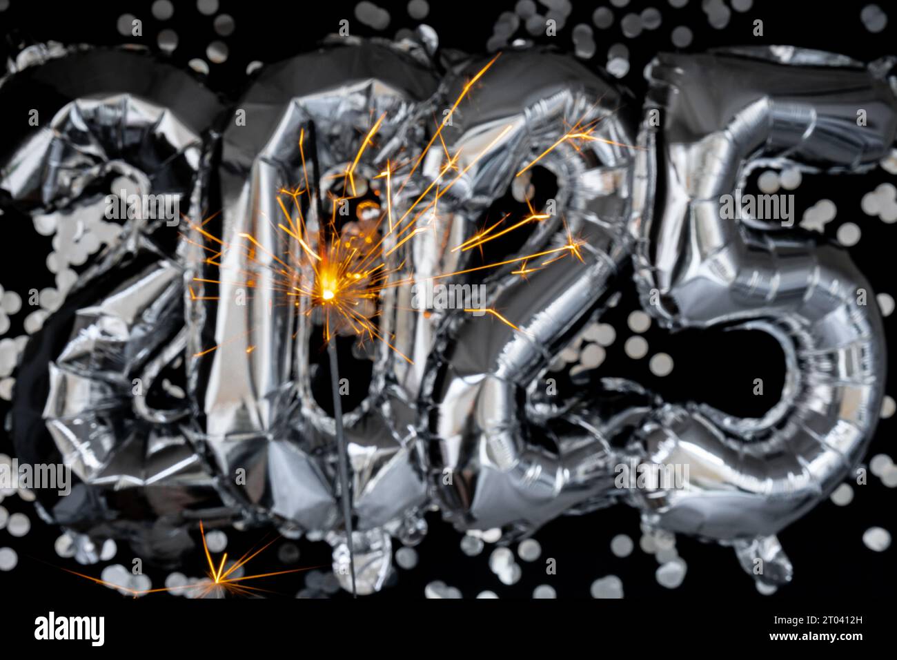 Happy new year 2025 metallic balloons with confetti and sparkler Happy new year 2025 metallic balloons with confetti and sparkler