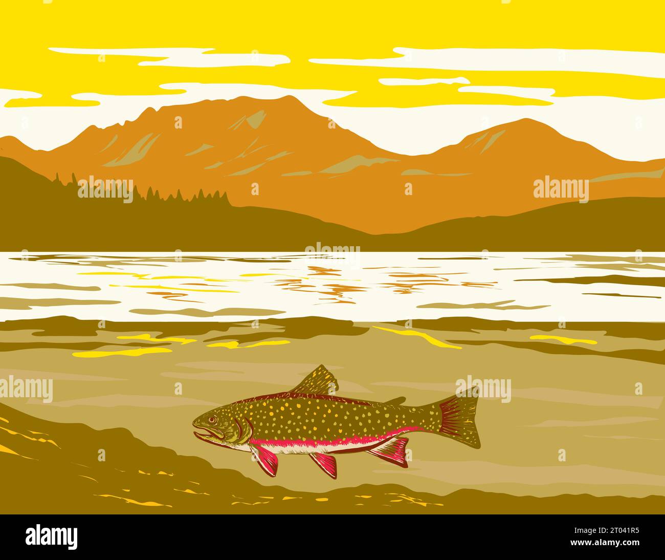 WPA poster art of a brook trout or Salvelinus fontinalis in Wind River Mountain Range of the Rocky Mountains in western Wyoming done in works project Stock Photo