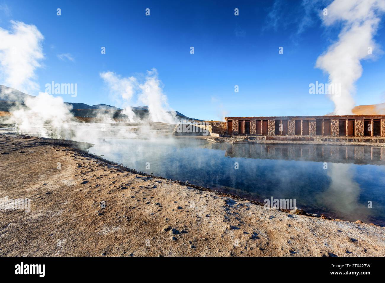 Steaming geysers and hot spring at El Tatio Geysers, San Pedro de Atacama, Chile, South America Stock Photo