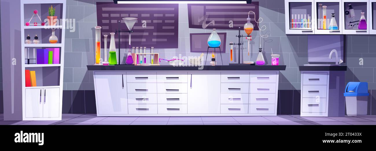 Chemical laboratory interior with equipment. Vector cartoon illustration of lab room with furniture and tools, colorful liquid fluid in glass flasks, test tubes, beakers, protective glasses on desk Stock Vector