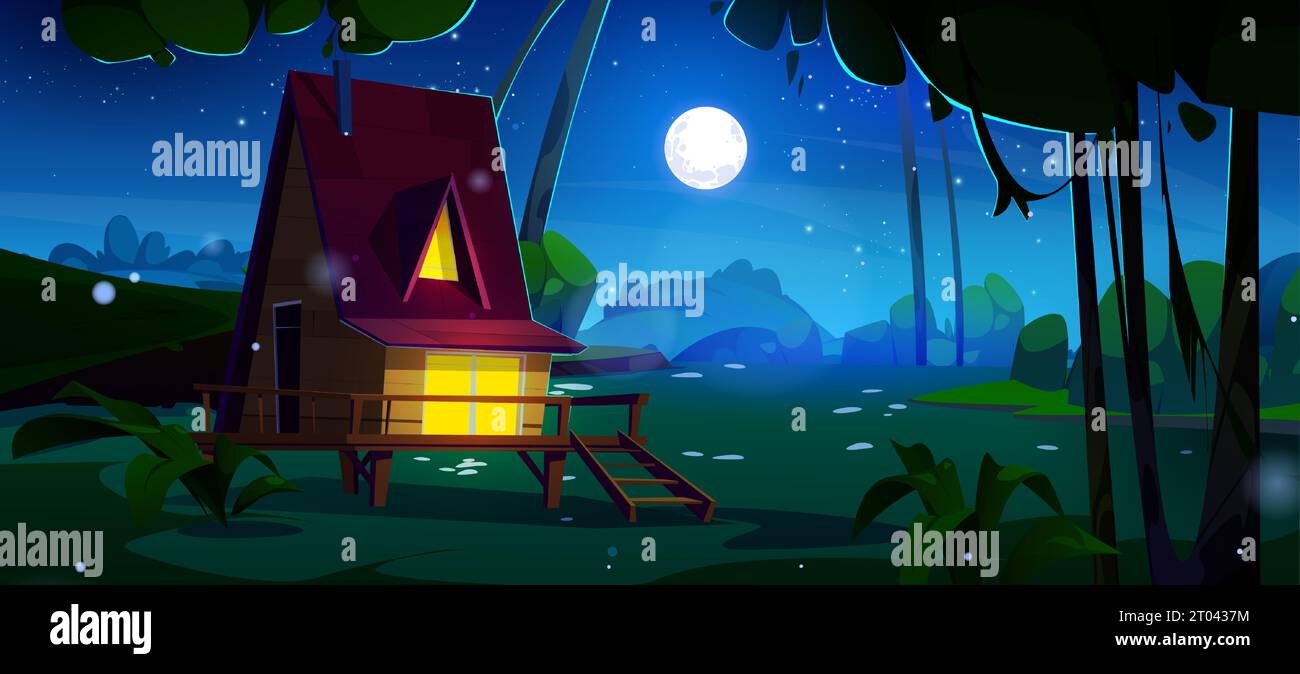 Night forest house cartoon vector landscape scene. Dark midnight ...