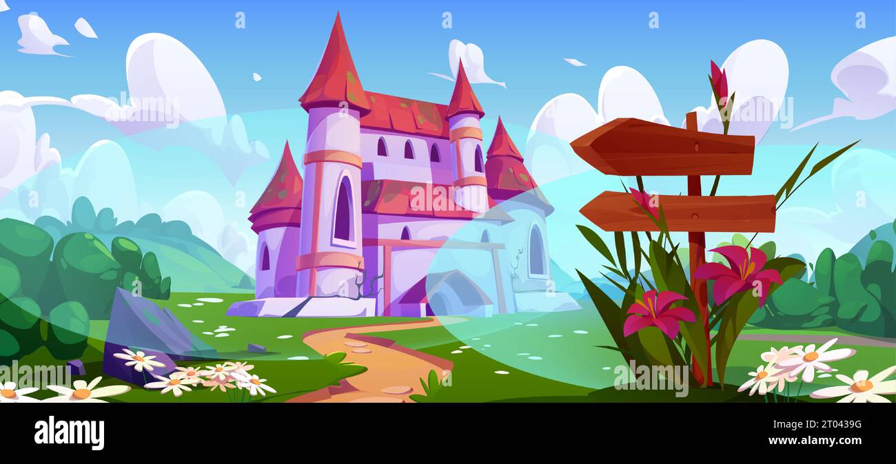 Fairytale castle on green summer landscape. Vector cartoon illustration of medieval royal palace, blank wooden road signs indicating direction, fantasy meadow with lawn and flowers on hills, blue sky Stock Vector