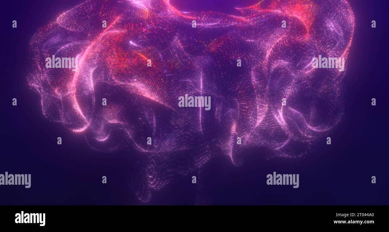 Abstract floating liquid from energy purple particles glowing magical ...