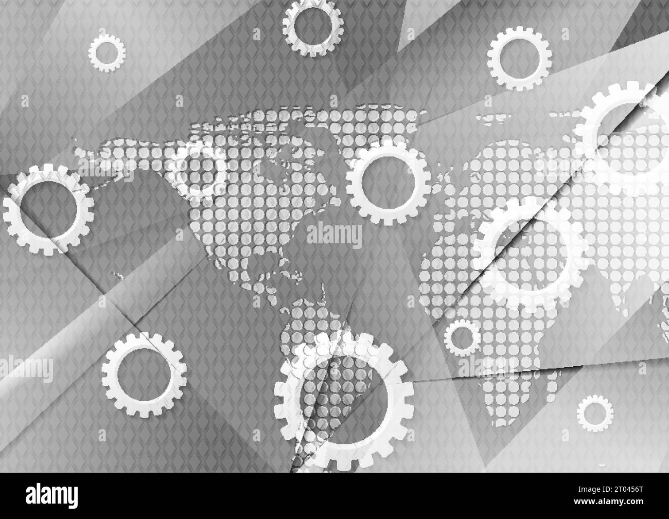 Grey hi-tech abstract background with dotted world map and gears. Futuristic vector design Stock Vector