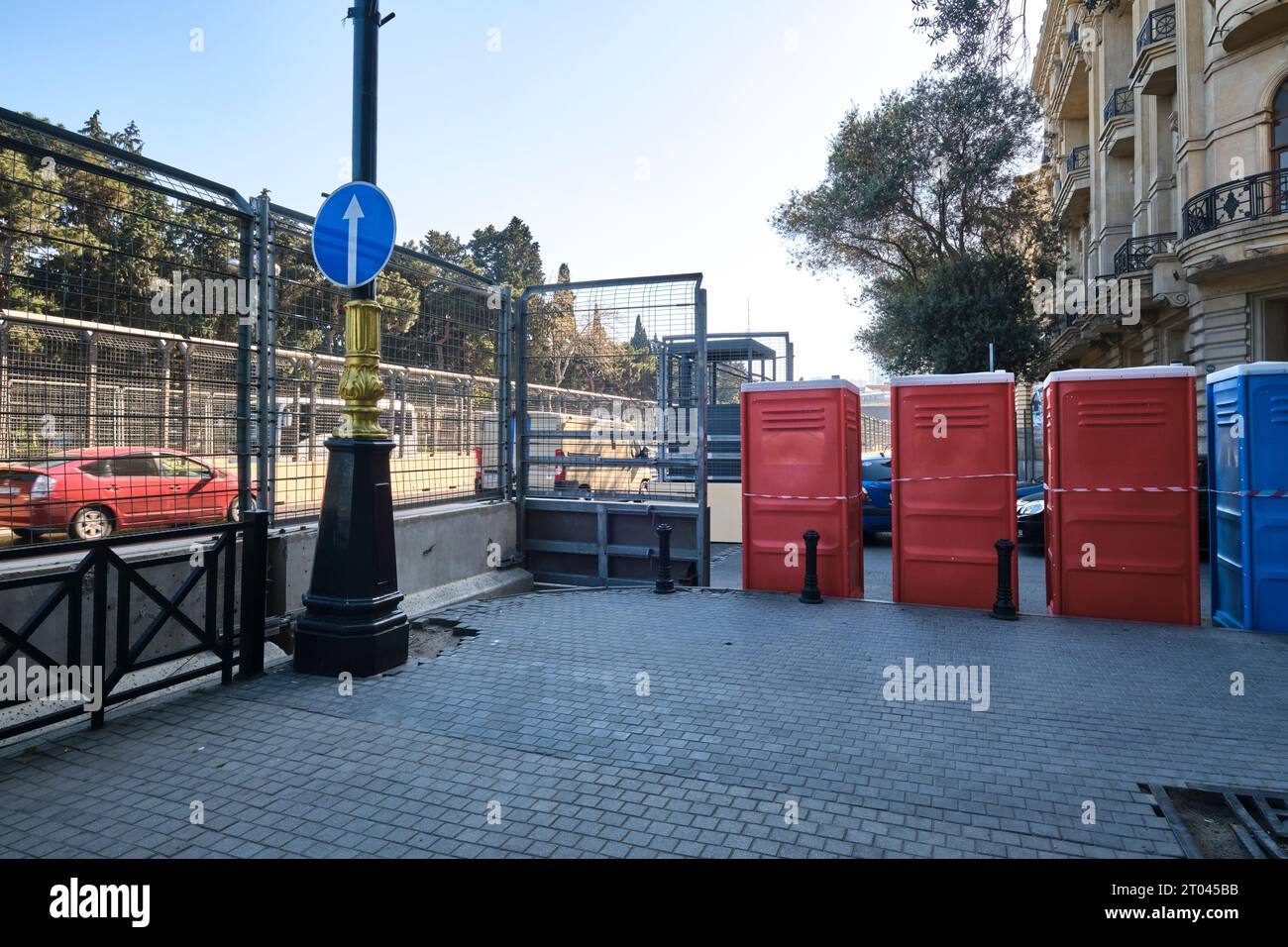 Some of the portable toilets and the barrier fencing. At the Formula 1, Formula One race track prep area in Baku, Azerbaijan. Stock Photo
