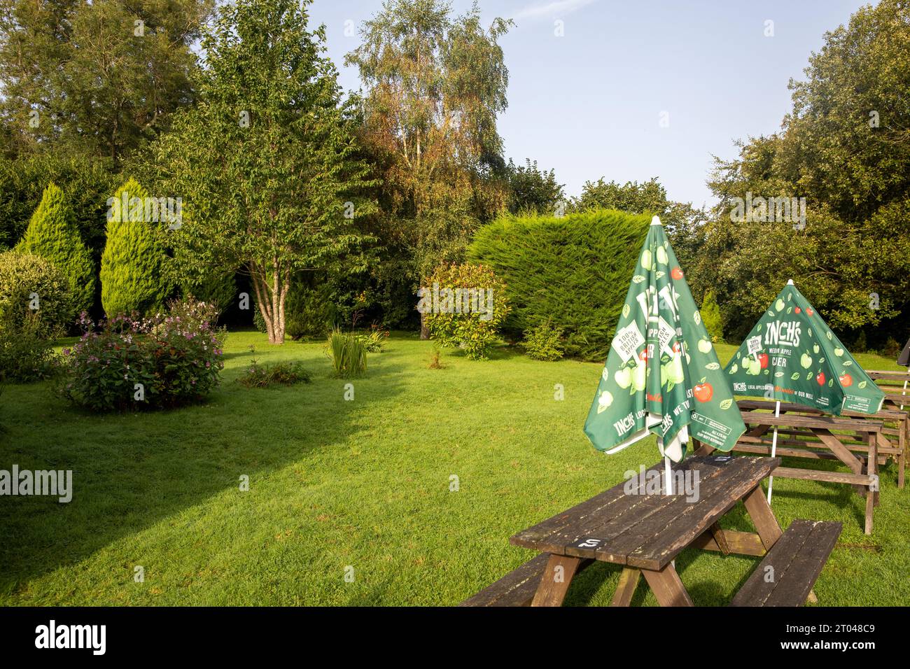 The Trusty Servant Inn in Minstead Lyndhurst is a public house serving food and providing accommodation, the beer and food garden shown,England,UK Stock Photo