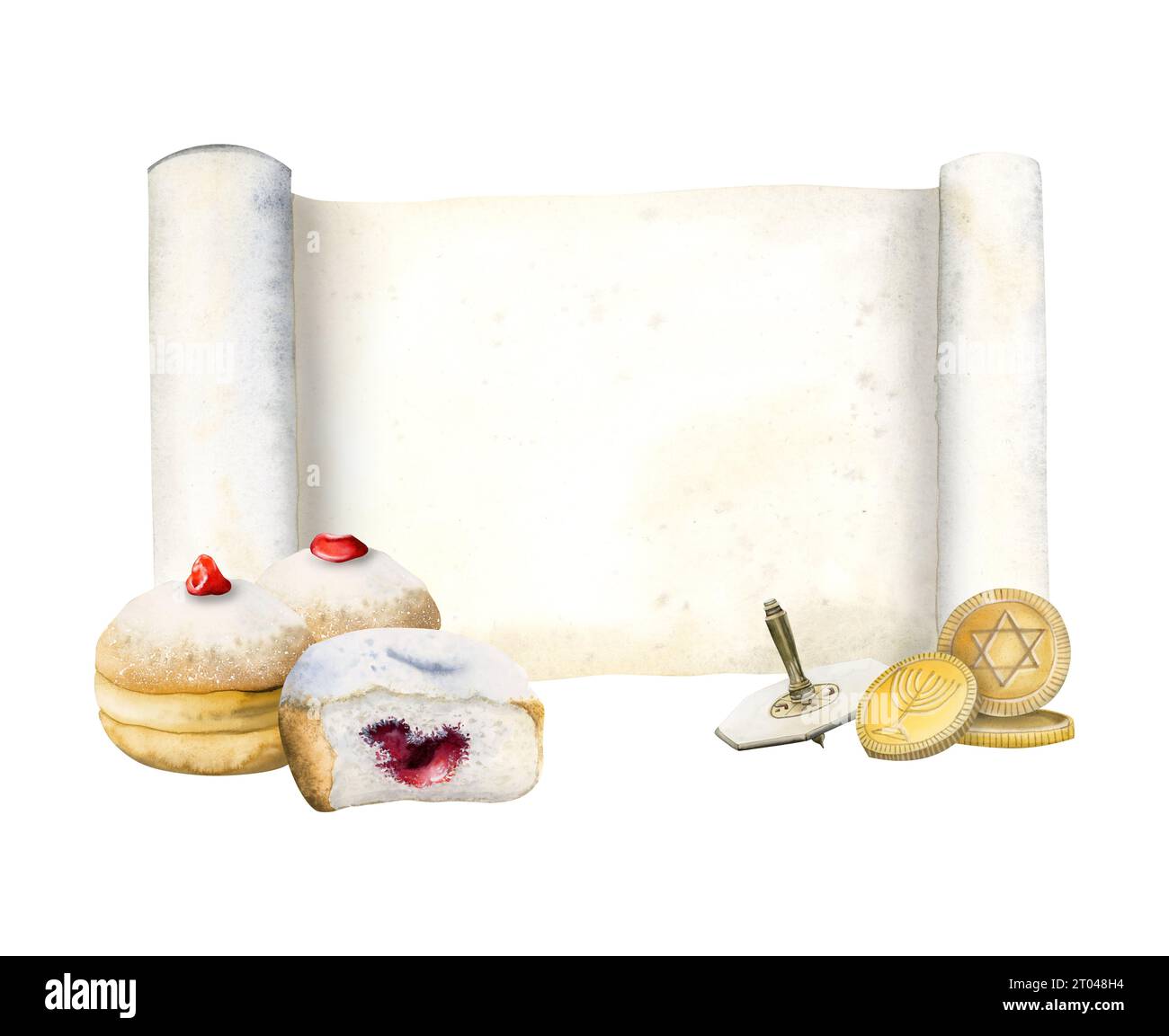 Hanukkah greeting card template with Torah scroll, traditional donuts, dreidel and coins watercolor illustration Stock Photo