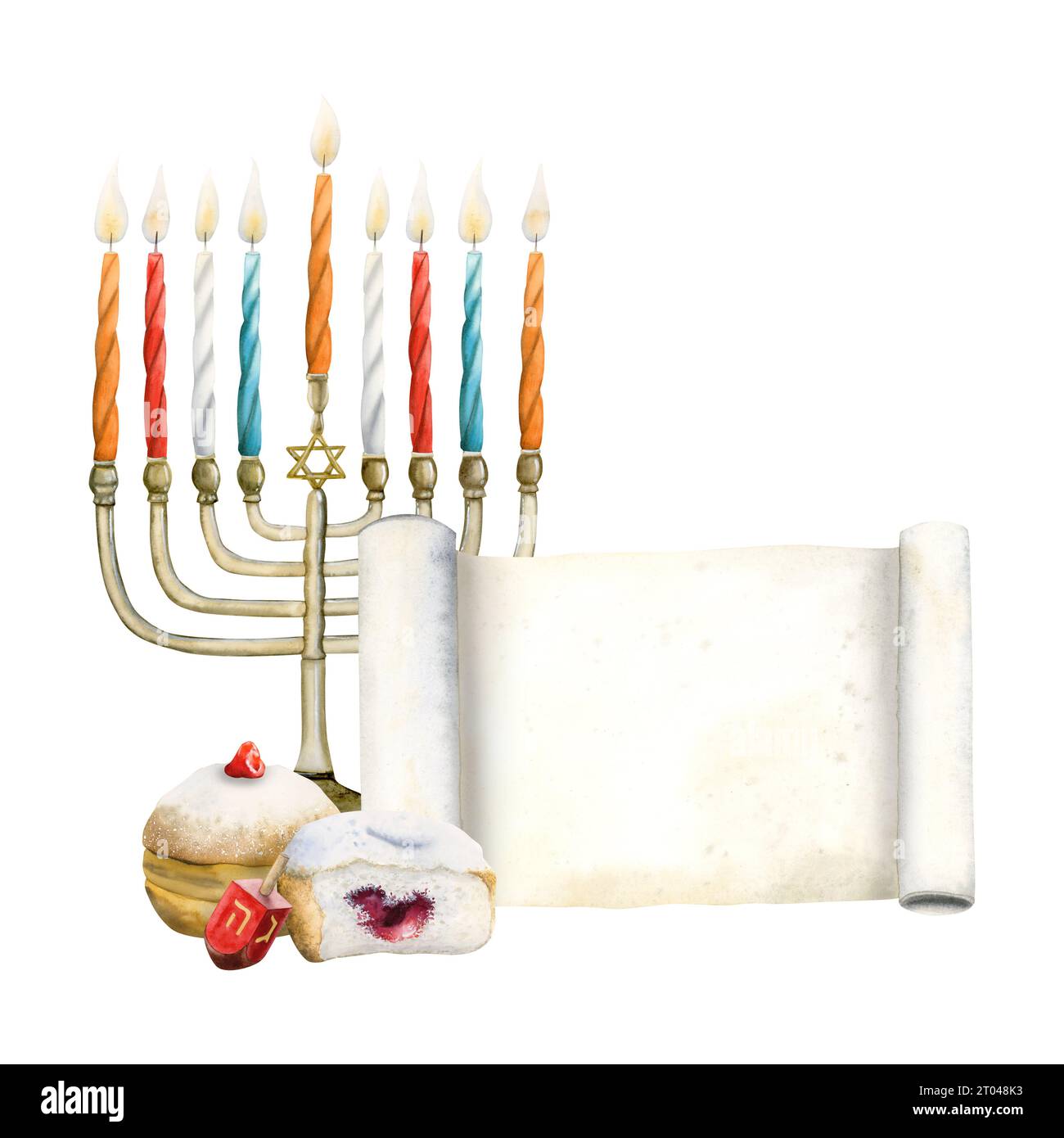 Hanukkah candles in menorah greeting card template with hanukkiah, donuts and dreidel watercolor illustration Stock Photo