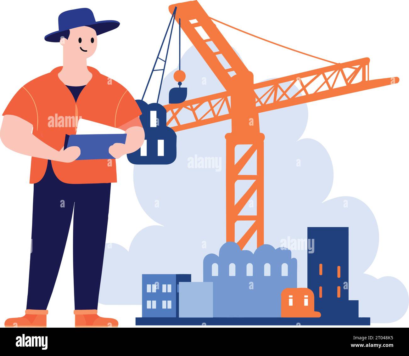 Hand Drawn Engineer or architect with building under construction in flat style isolated on background Stock Vector