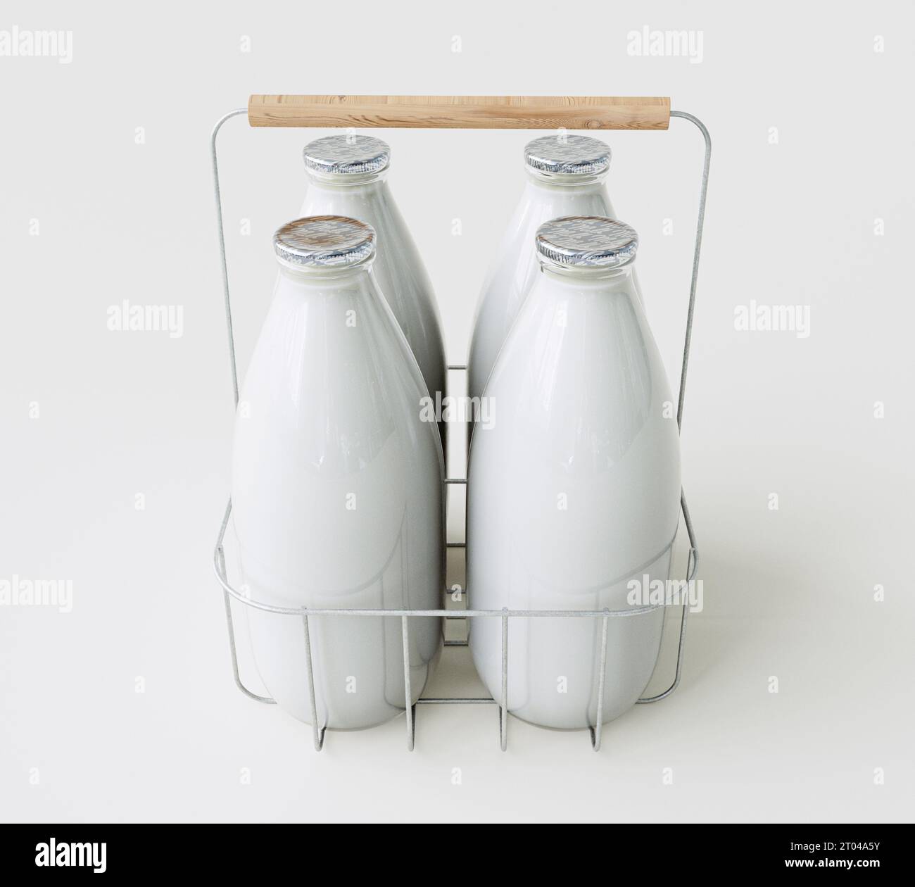 A set of four vintage glass milk bottles in a wire carry delivery basket on a white studio background - 3D render Stock Photo