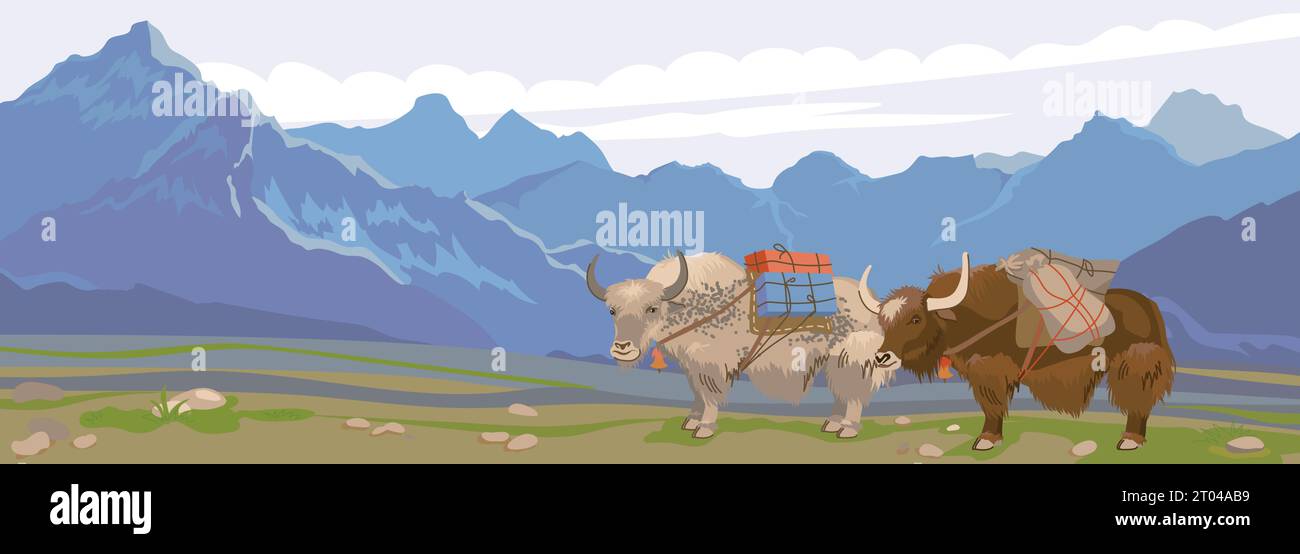 Himalayan yaks with a load on their back in a beautiful landscape. Vector illustration, flat style. Mountain horizontal landscape of Nepal. Stock Vector