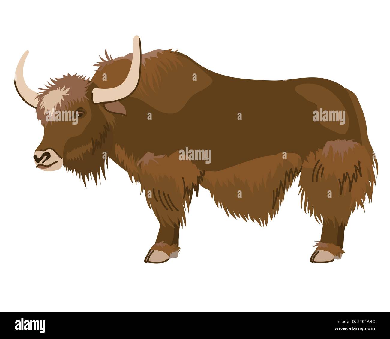 A brown yak with a long coat. A pet in Nepal and Tibet. Vector, cartoon style. Dairy cattle, big cow. Stock Vector