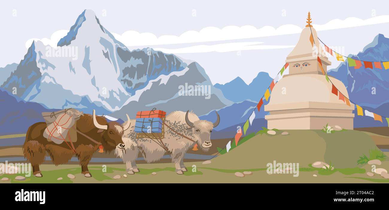 Himalayan yaks with a load on their back, a Buddhist stupa decorated with flags. Mountain horizontal landscape of Nepal. Vector illustration Stock Vector