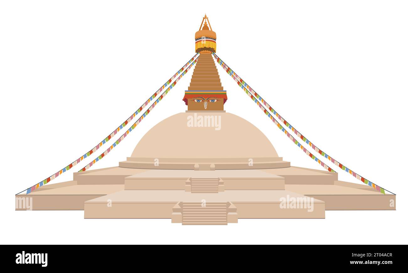 Bodnath, the great white stupa. Buddhist temple complex in Kathmandu. Buddhanath is the main center of Tibetan Buddhism in Nepal. Vector, flat style. Stock Vector