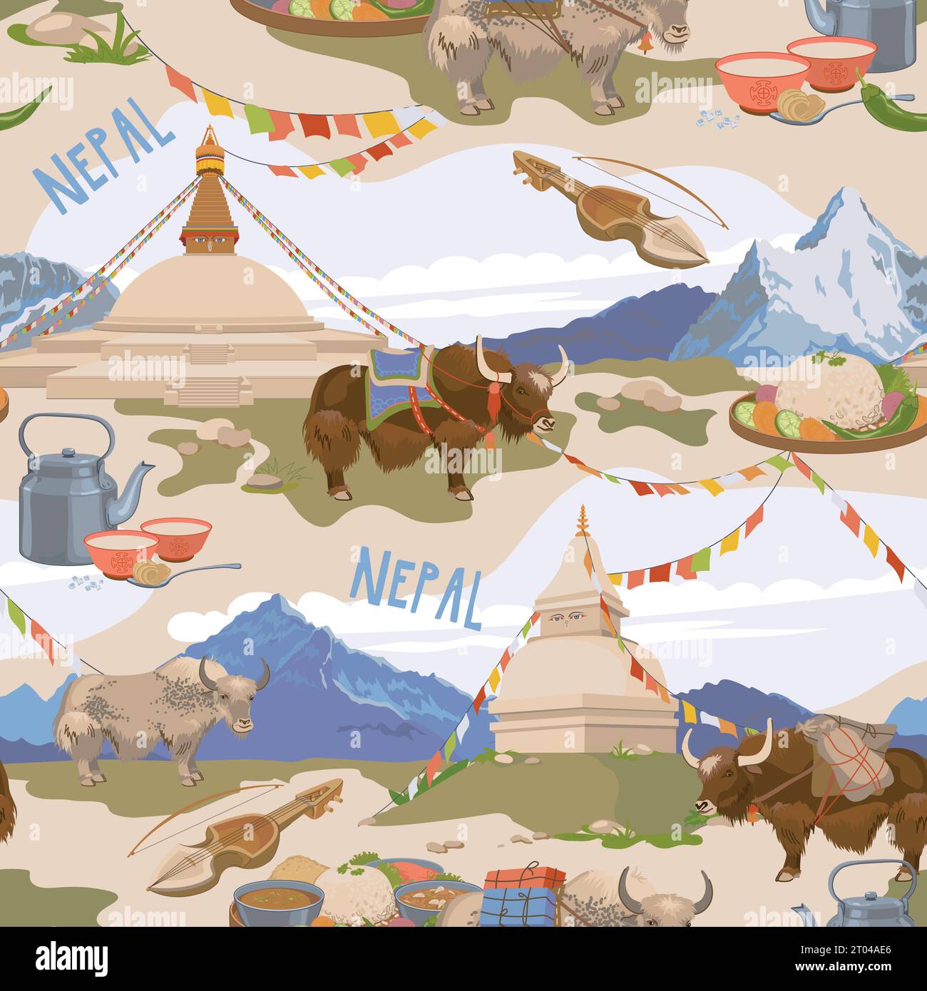 Attributes of Nepalese culture. Seamless pattern. Vector, flat style. Mountains, Buddhist stupa, tea with butter and salt, karangi, vegetarian Nepales Stock Vector