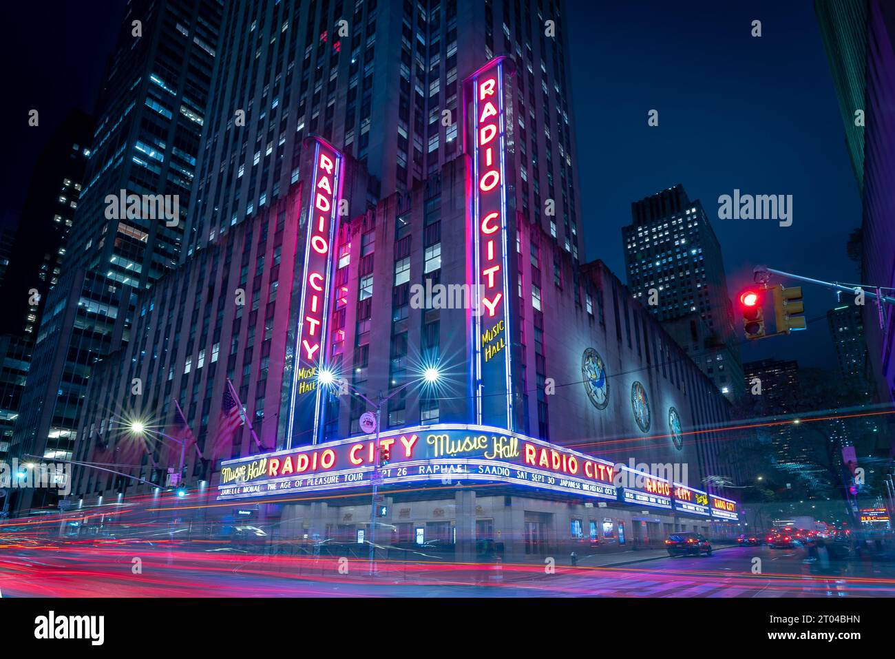 09.19.23. New York city, USA. illuminated Radio city music hall in Midtown of NYC near by Rockefeller center. Famous theater in Manhattan. Stock Photo