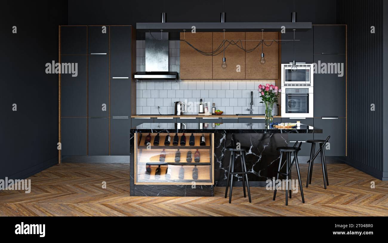 modern dark kitchen interior Stock Photo - Alamy