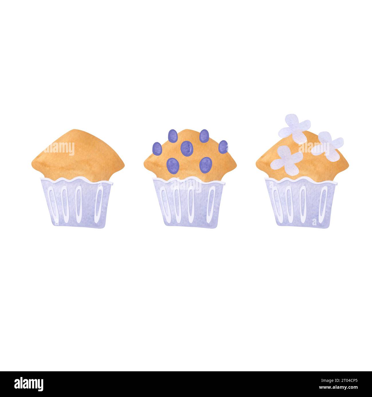 A set of cupcakes with raisins and flowers in blue paper packaging. Isolated watercolor illustration on white background. Clipart. Decor for a tea par Stock Photo