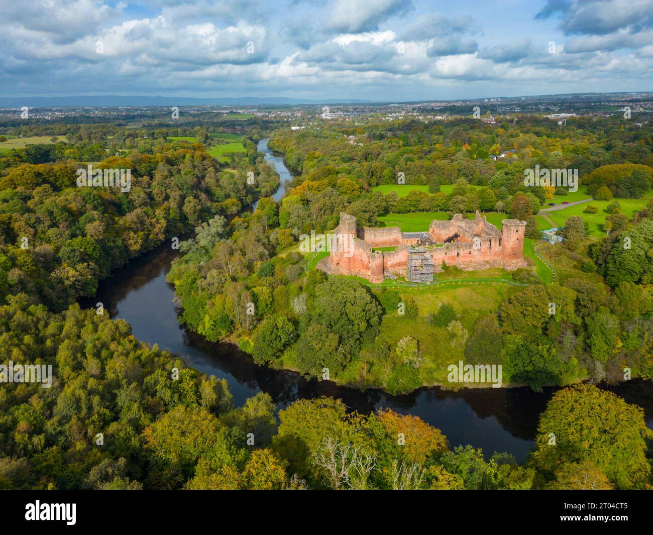 Aerial view of ruins of Bothwell Castle beside the River Clyde
