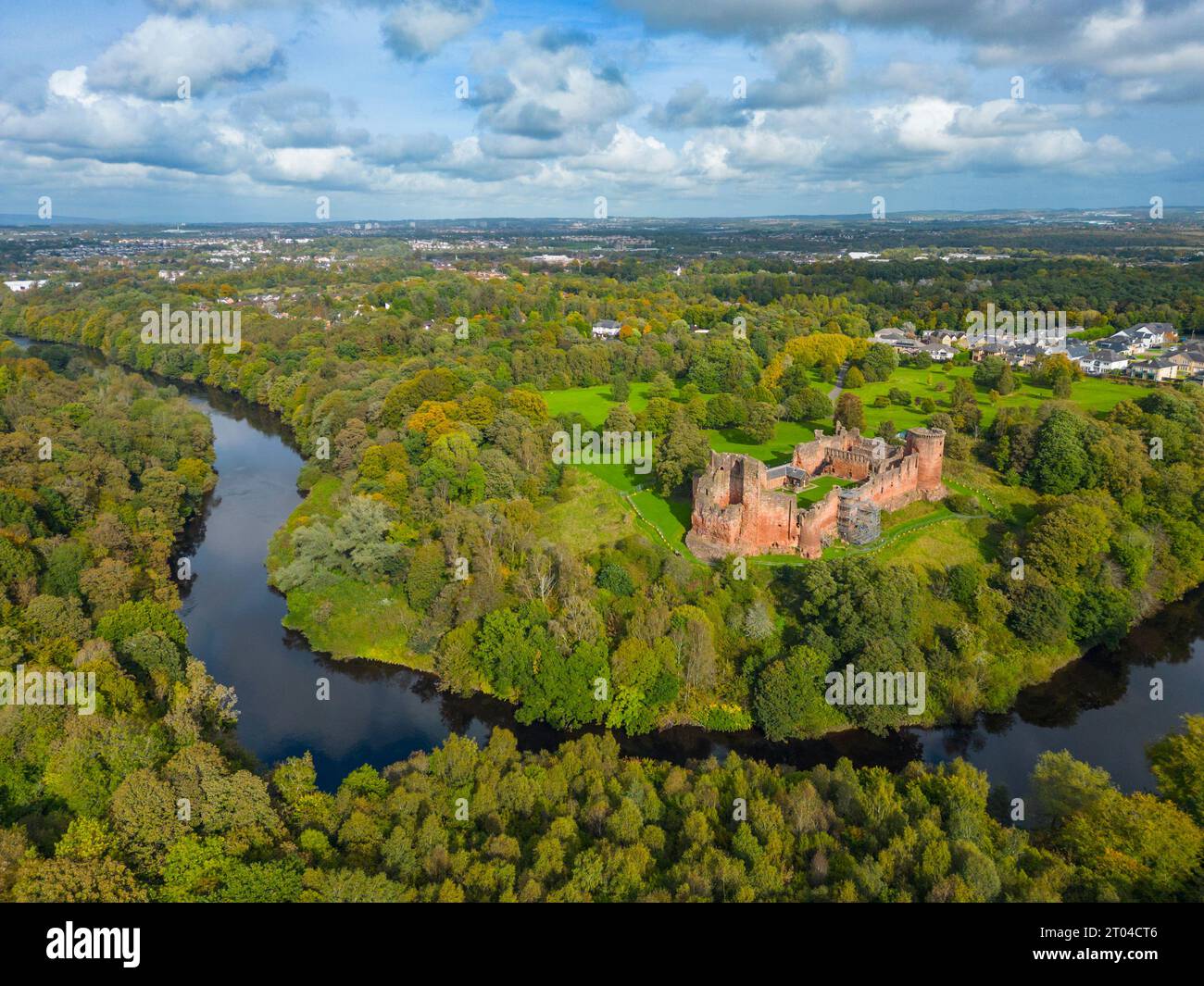 Aerial view of ruins of Bothwell Castle beside the River Clyde, Bothwell, South Lanarkshire, Scotland. UK Stock Photo