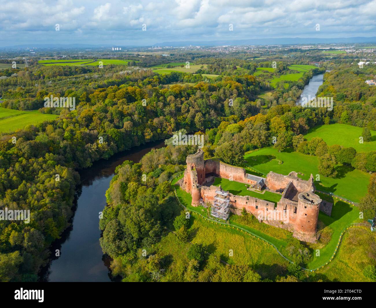 Aerial view of ruins of Bothwell Castle beside the River Clyde