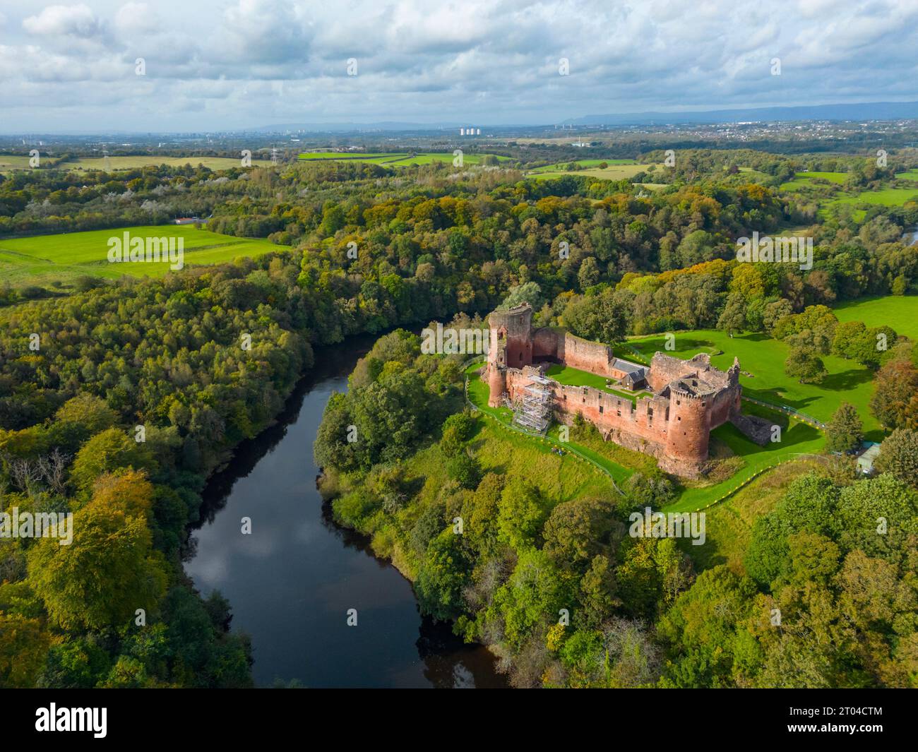 Aerial view of ruins of Bothwell Castle beside the River Clyde