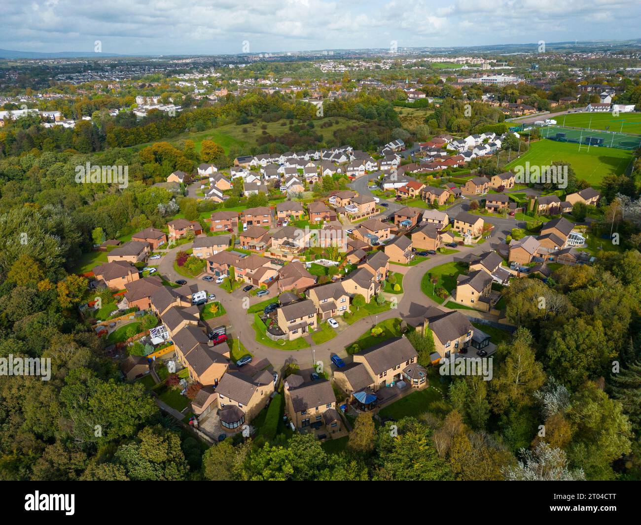 Aerial view of detached houses in Castle Gate housing estate in Bothwell, South Lanarkshire. Stock Photo