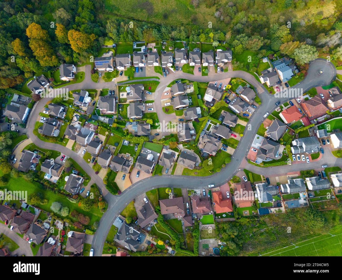 Aerial view of detached houses in Castle Gate housing estate in Bothwell, South Lanarkshire. Stock Photo