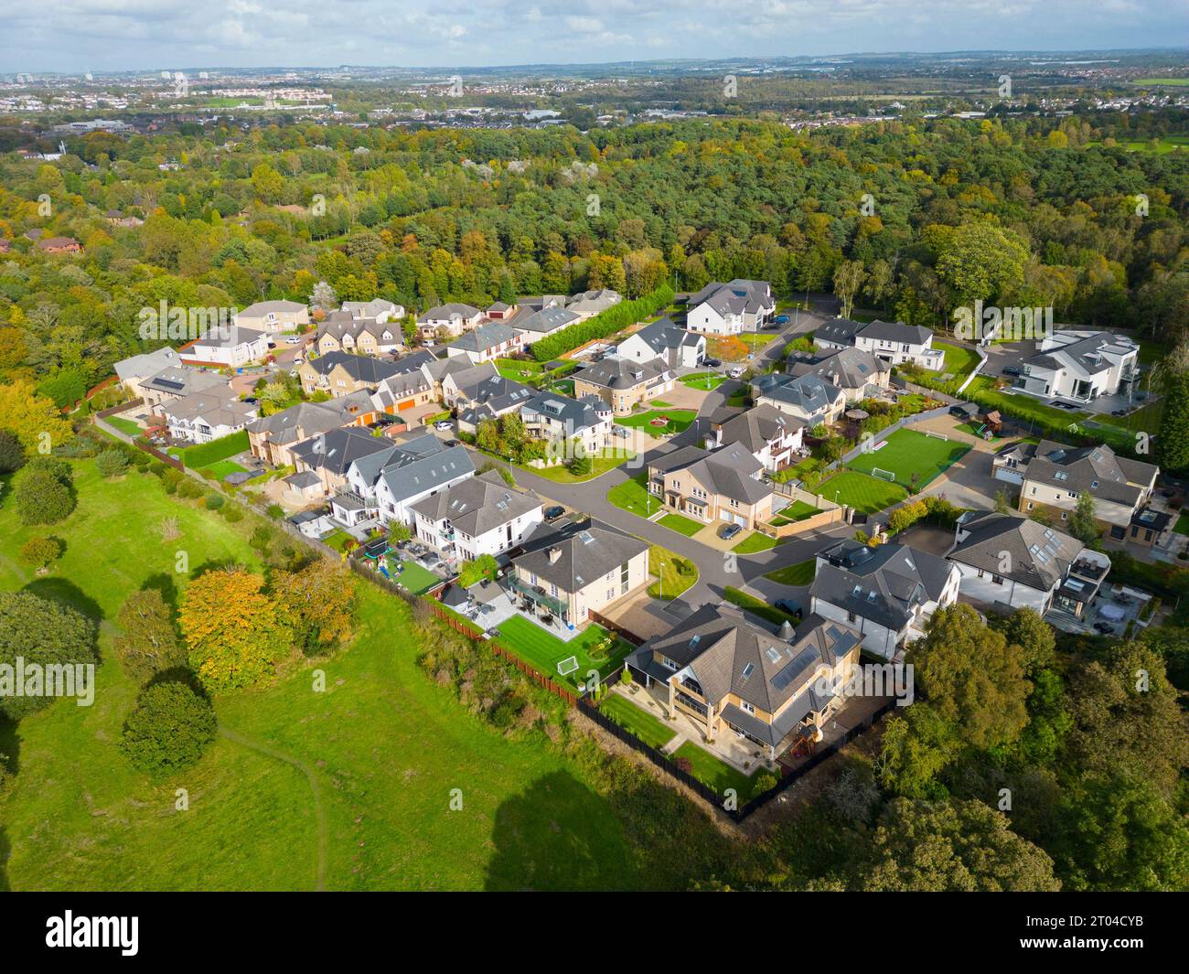 Aerial view of large detached houses in exclusive Earls Gate upmarket