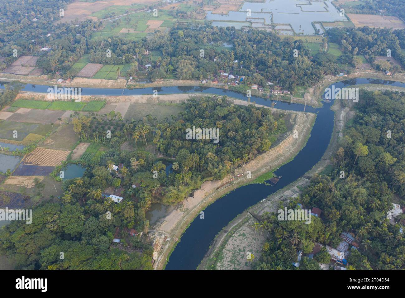 A dried-up canal at Keshabpur in Jashore returns to life after re-excavation works, aerial view of rural Bangladesh. Stock Photo
