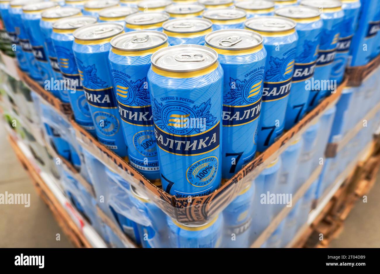 Samara, Russia - July 1, 2023: Baltika alcoholic canned beer on the shelf in a superstore. Various alcoholic beverages and spirit drinks. Selective fo Stock Photo