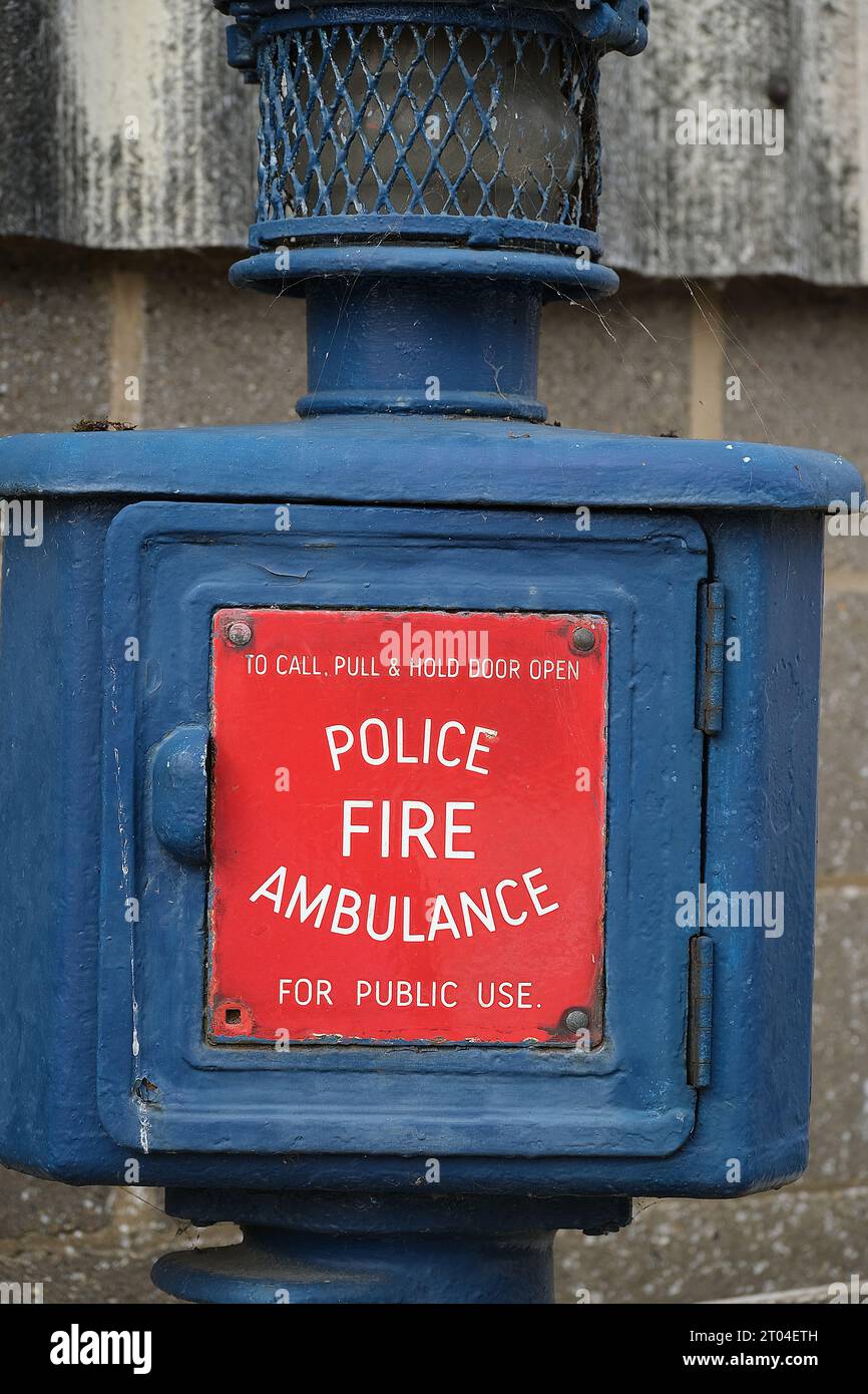 Vintage emergency services telephone call box at Santoft trolley bus museum. Lincolnshire, UK. Stock Photo