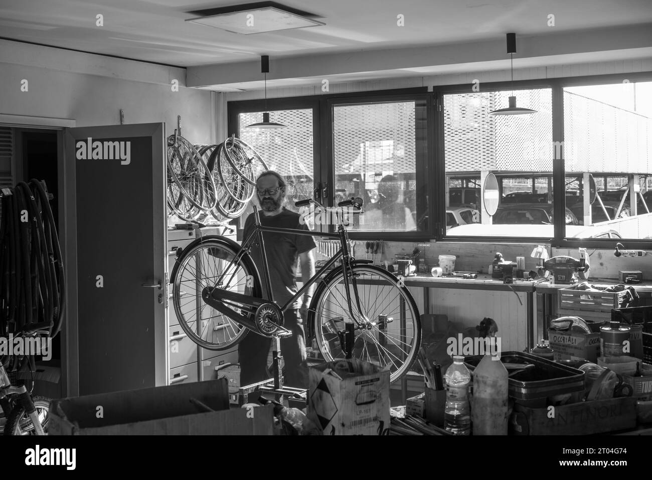 at the bike shop store and repair , artisan expert mechanic expert repairs restore and wreck