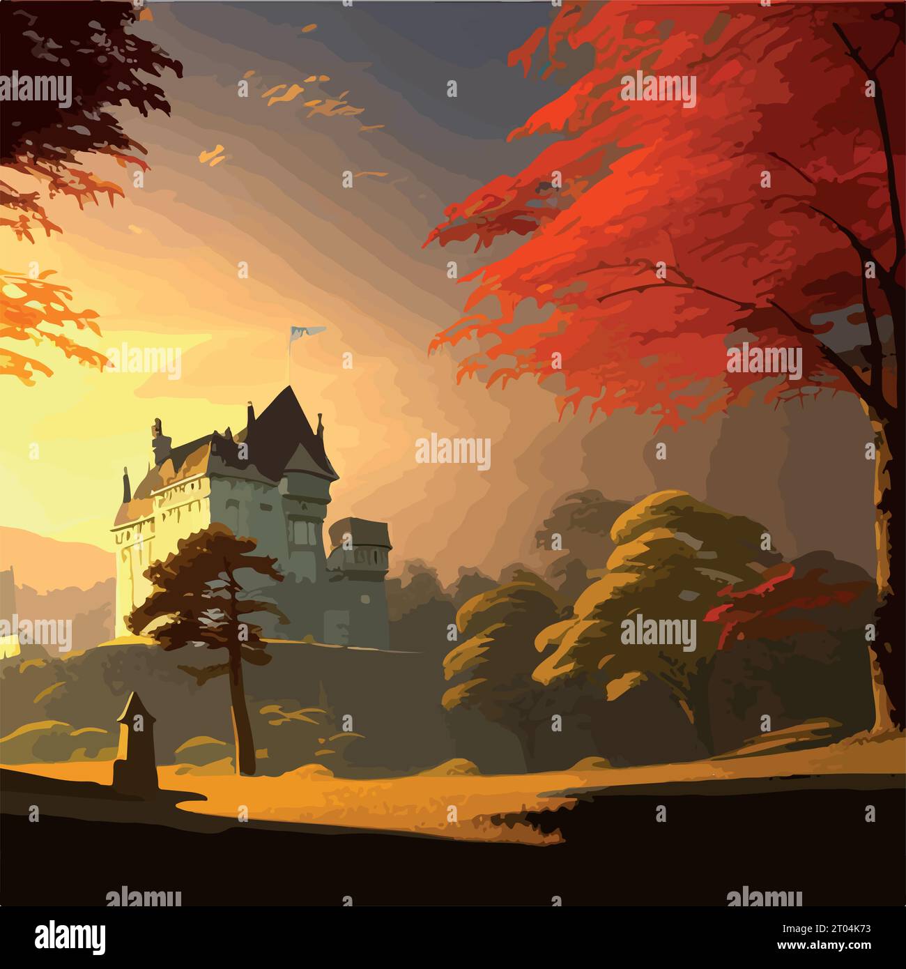 A castle on top of a hill surrounded by trees. autumn landscape on a ...