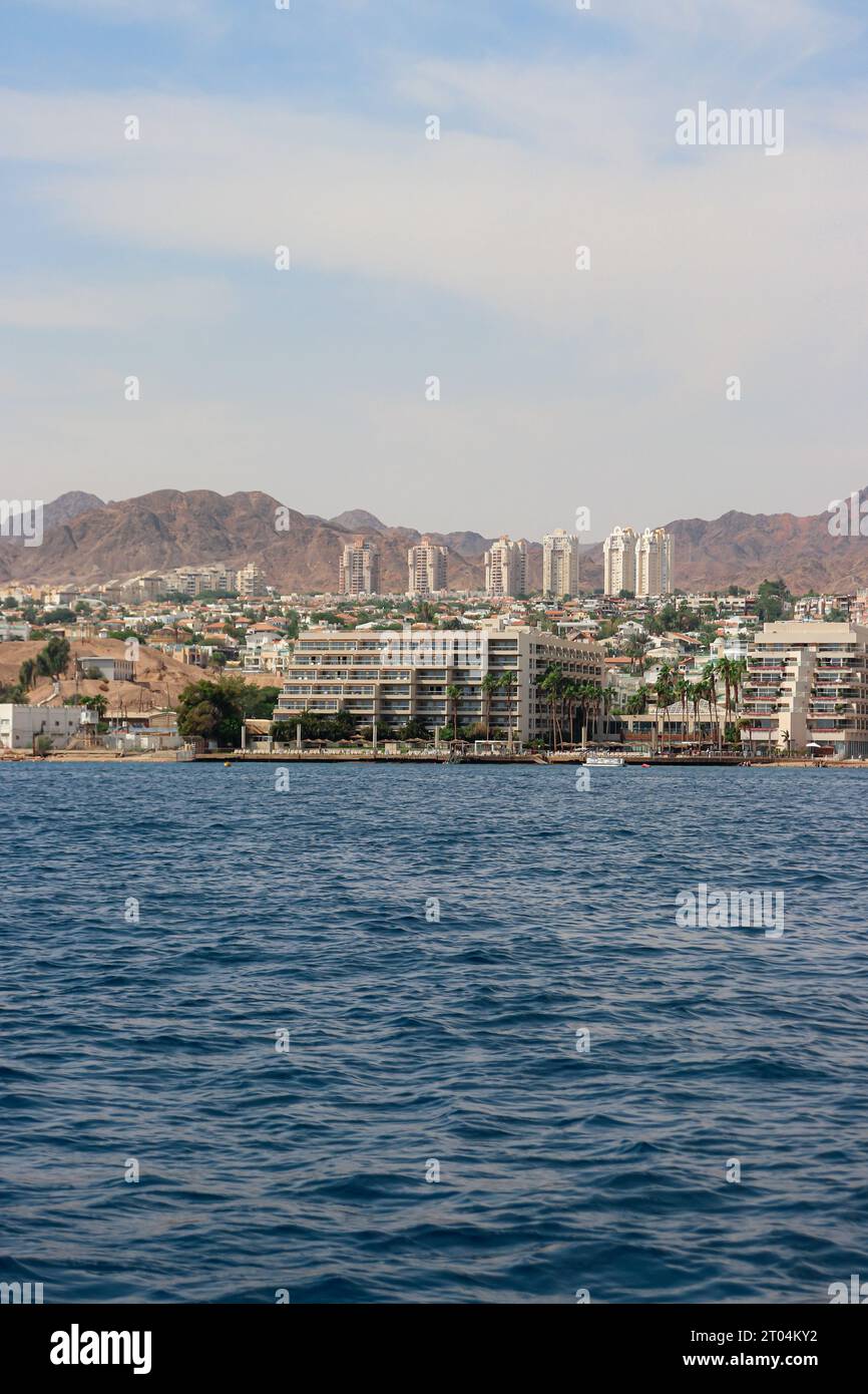 Black and white view of the Aria exterior, a luxurious suites hotel by Astral Hotels in Eilat from the Red Sea Stock Photo