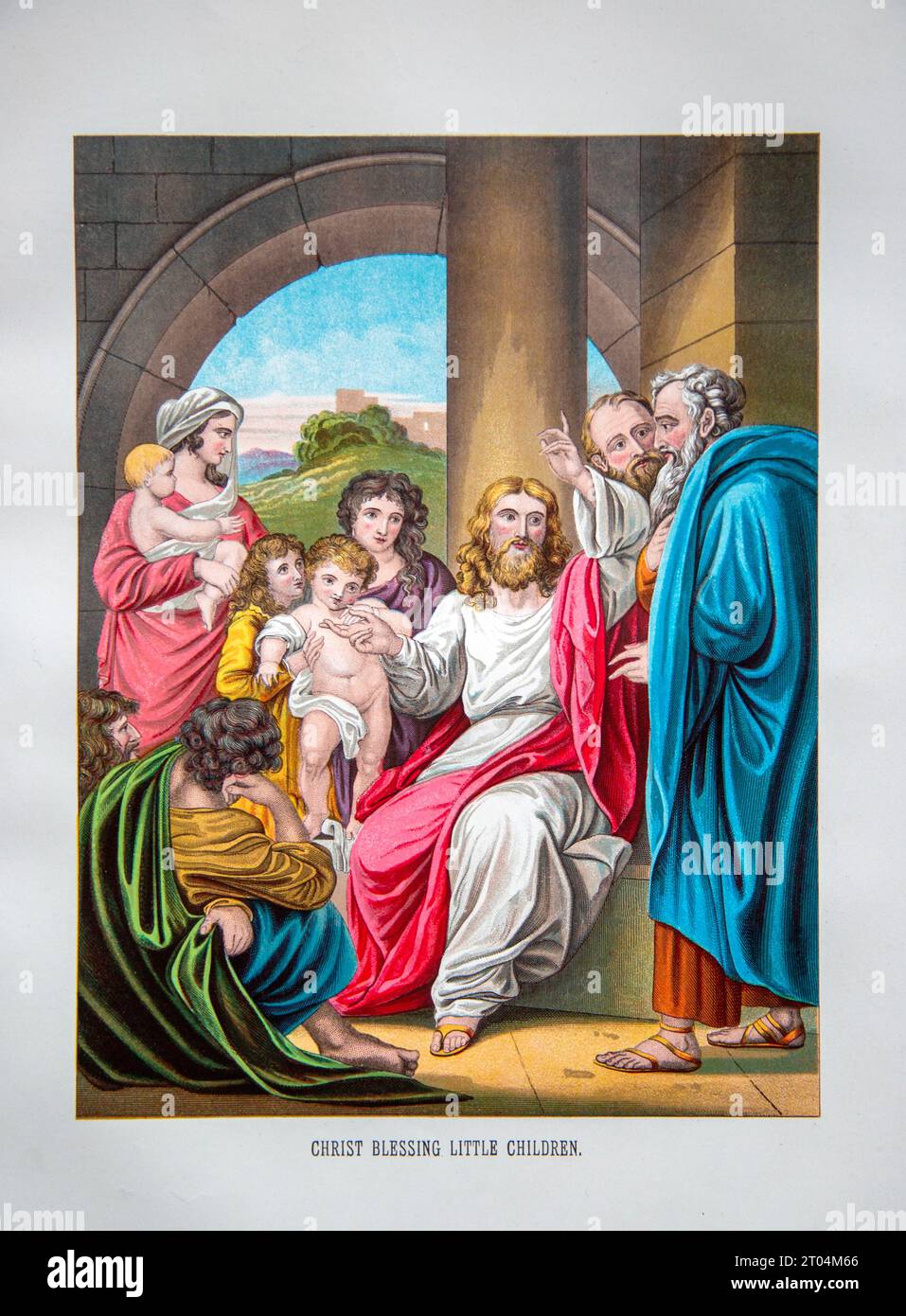Nineteenth century Victorian Bible story illustration in Chromo-Lithography, Jesus Christ Blessing Little Children Stock Photo