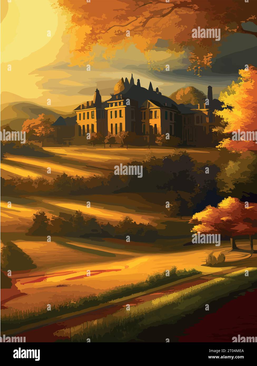 A castle on top of a hill surrounded by trees. autumn landscape on a ...