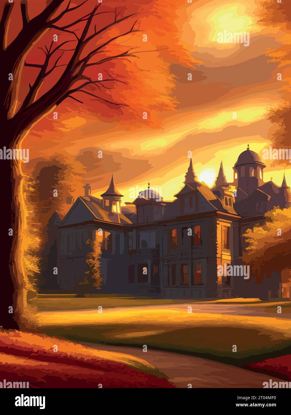 A castle on top of a hill surrounded by trees. autumn landscape on a ...
