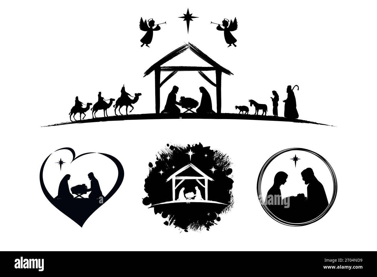 Set of holy Christmas scene with silhouettes christian Nativity. Holiday concept collection with traditional characters holy night. Vector card Stock Vector