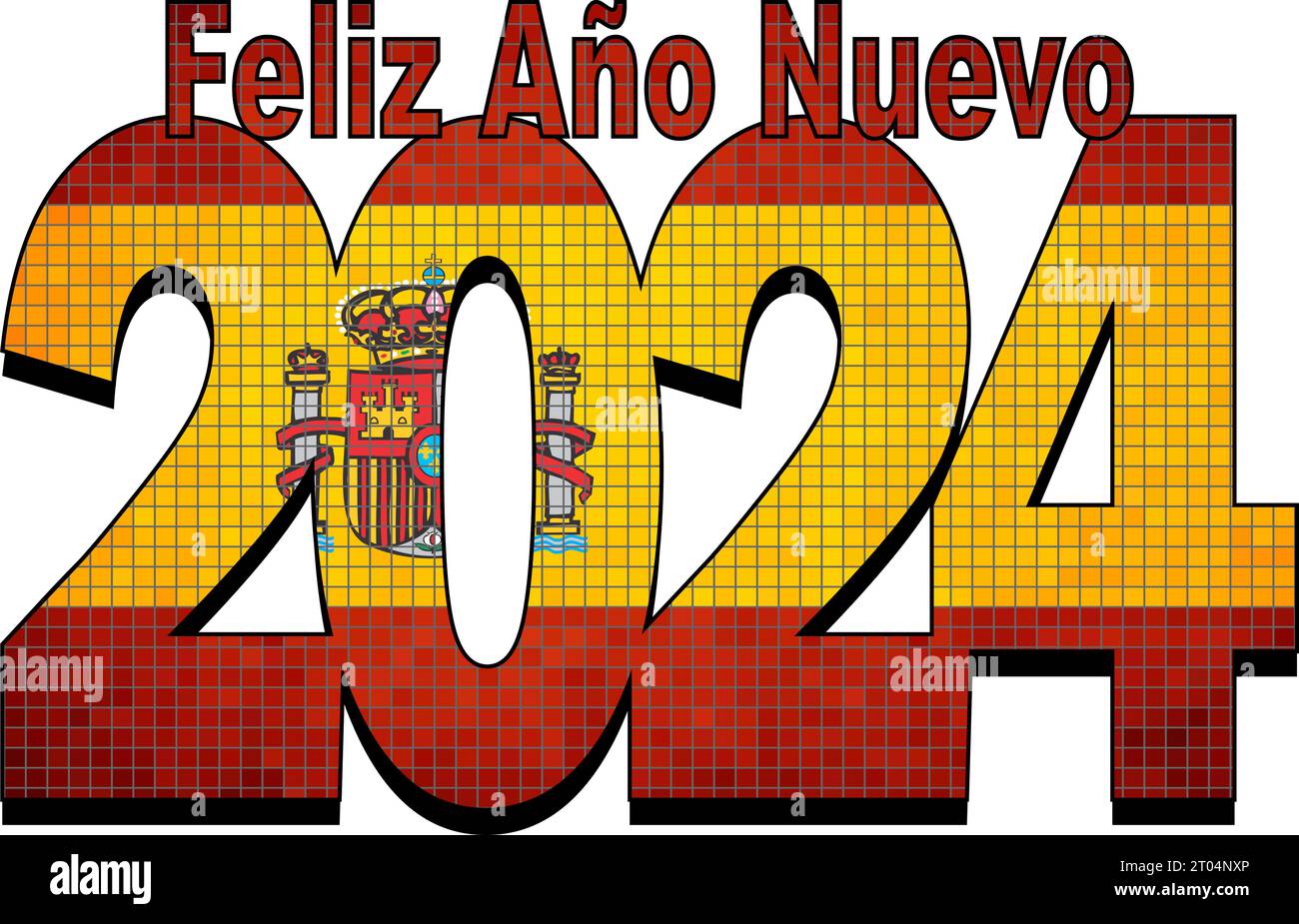 Happy New Year 2024 with Spain flag inside - Illustration, 2024 HAPPY NEW YEAR NUMERALS Stock Vector