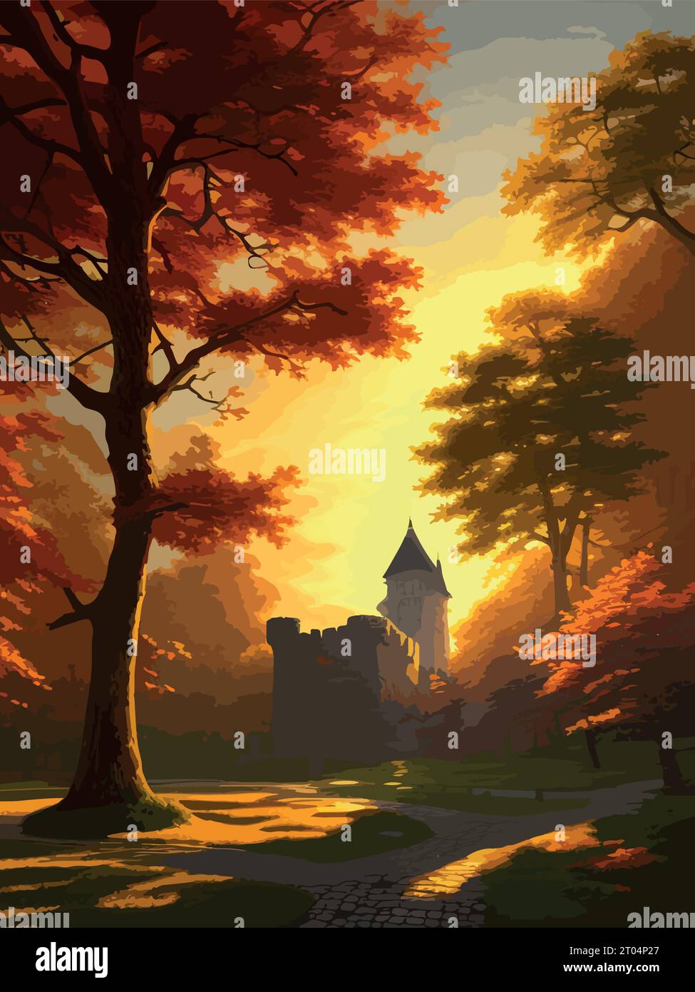 A castle on top of a hill surrounded by trees. autumn landscape on a ...