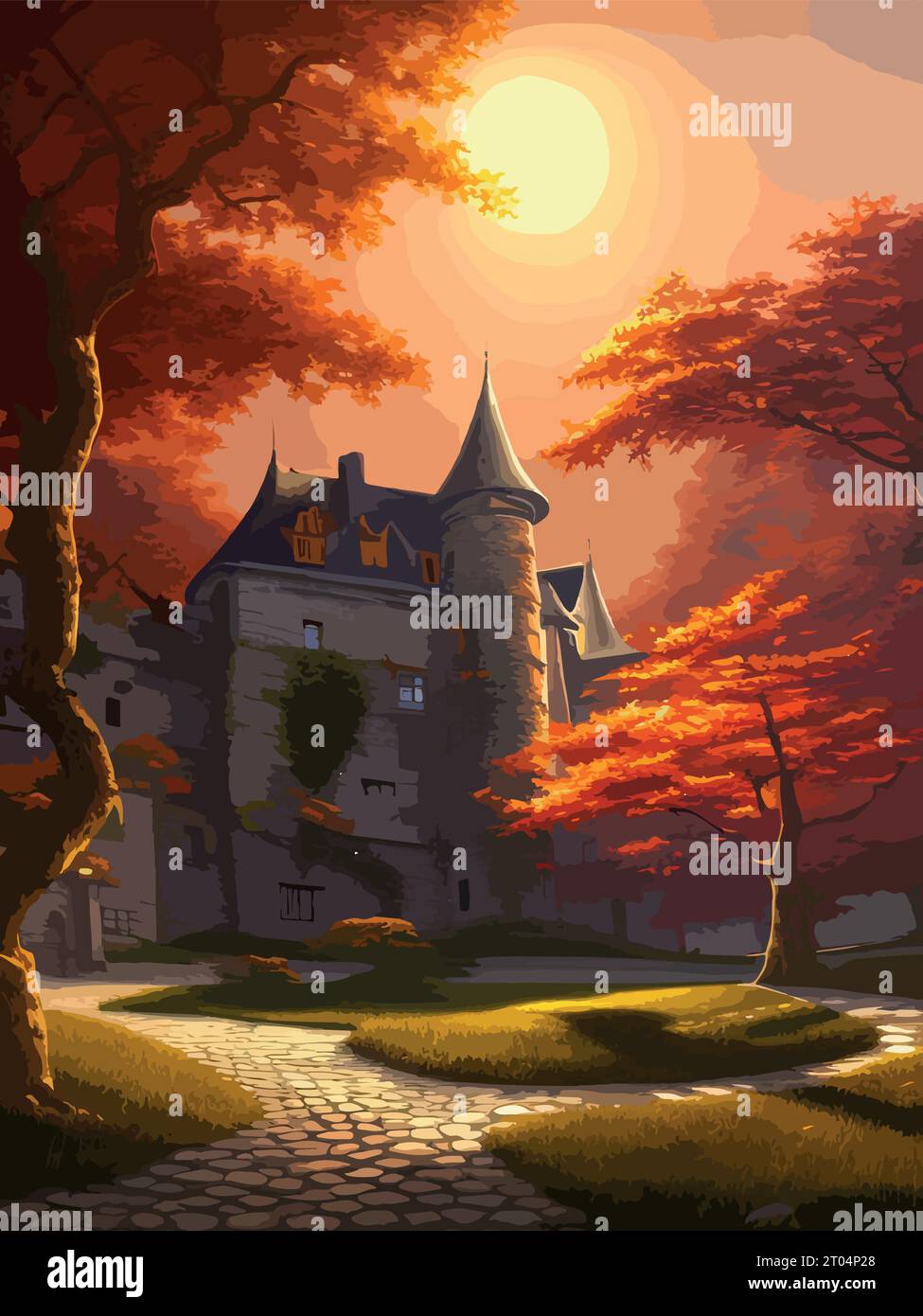 A castle on top of a hill surrounded by trees. autumn landscape on a ...